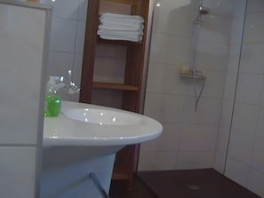 Shower, free toiletries, hair dryer, towels