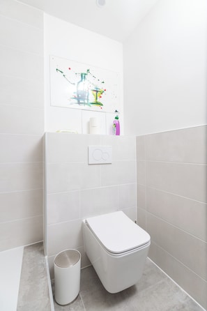 Douche, sèche-cheveux, serviettes fournies, savon