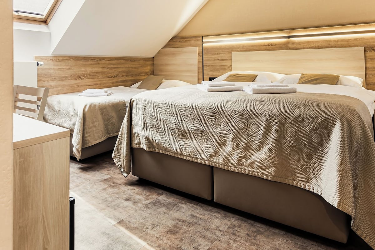 Un dormitorio moderno con dos camas, un tragaluz y un cabecero de madera.