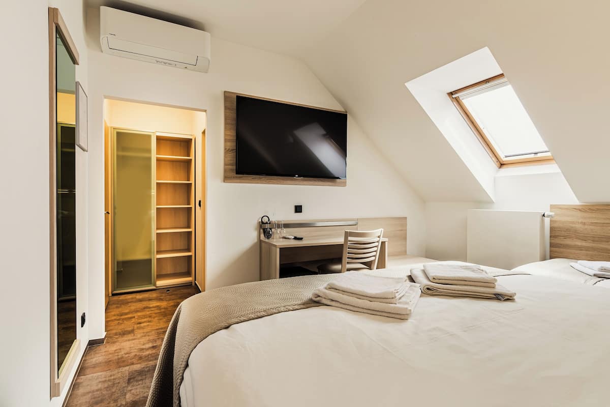 Un dormitorio con cama, escritorio, televisor y tragaluz.