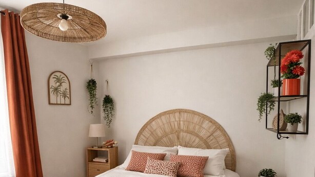A bedroom with a large bed, a bedside table, a hanging light fixture, a wall-mounted plant shelf, and a window with curtains.