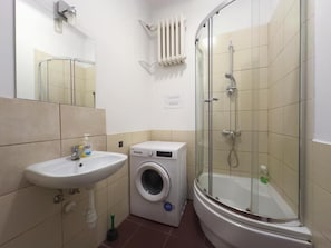 Hair dryer, towels, soap, shampoo