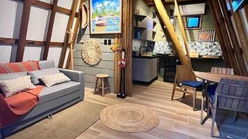 Cabaña Premium, piscina privada, vistas al mar | Zona de estar