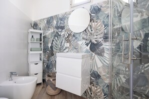 Shower, hair dryer, bidet, towels