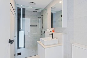 Shower, hair dryer, towels
