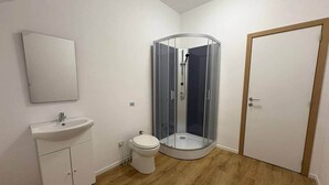 Et badeværelse med brusebad, toilet, vask og spejl.