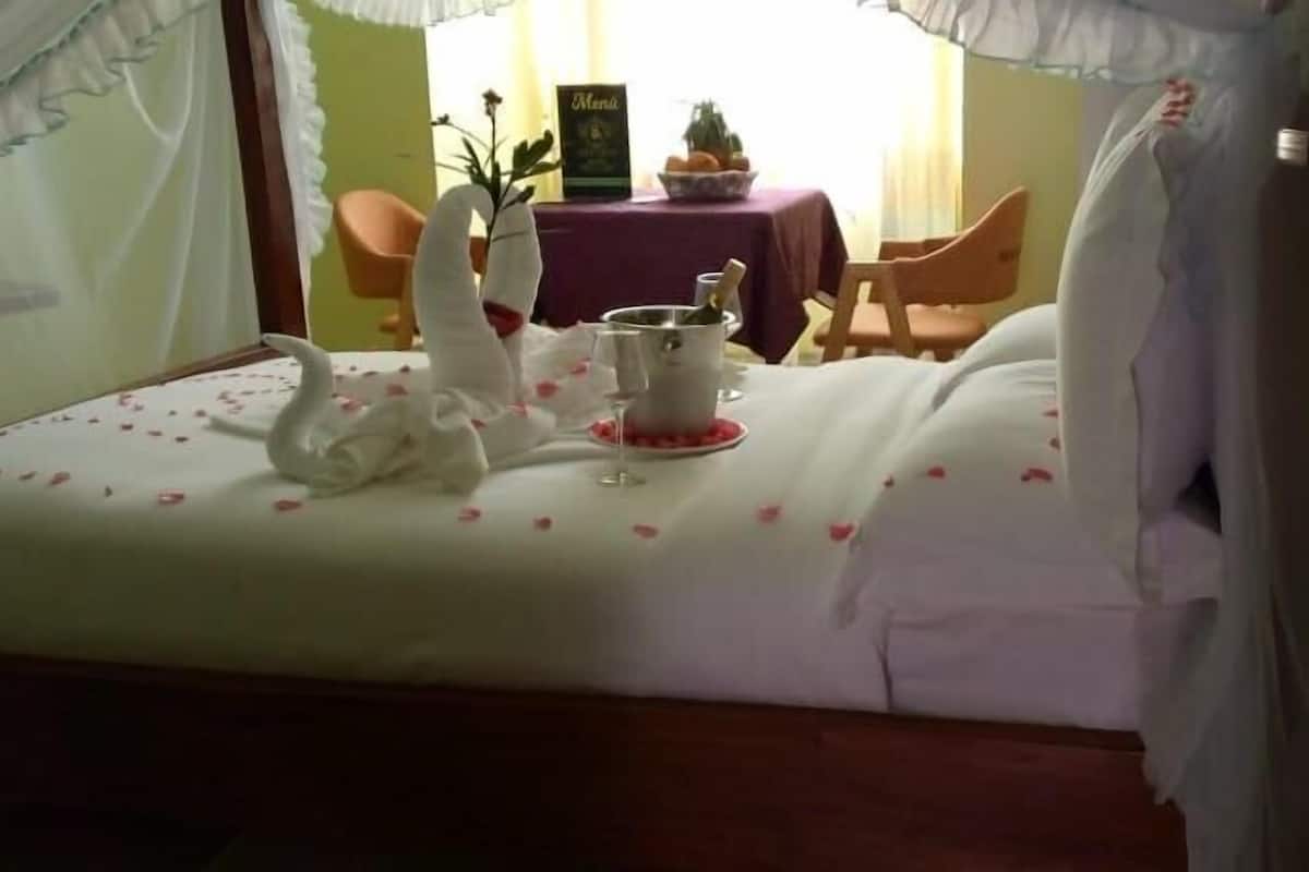 A neatly made bed with a white bedspread and rose petals, a white swan-shaped pillow, and a small table with a book and fruit.