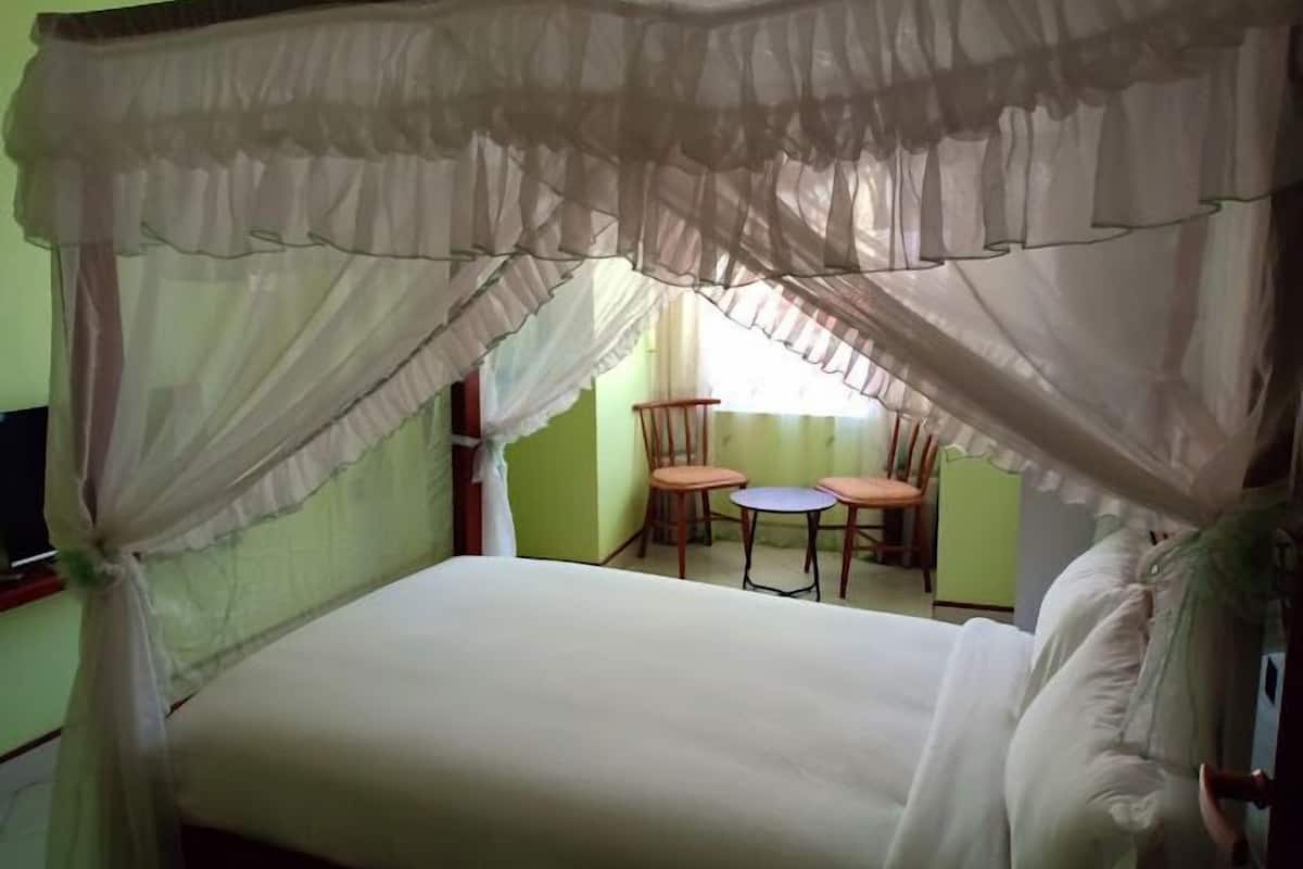 A room with a bed under a canopy, two chairs, and a small table.