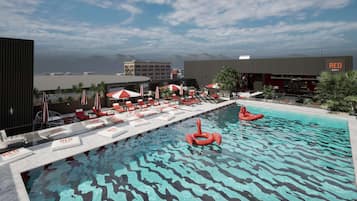 Seasonal outdoor pool, pool umbrellas, pool loungers