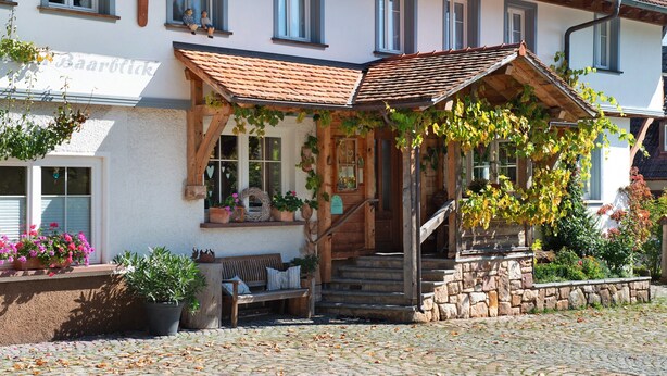 A traditional building with a stone staircase, a wooden bench, and a covered porch with plants. - Holiday Apartment 'Sternenhimmel' with Shared Garden, Balcony and Wi-Fi (Donaueschingen)