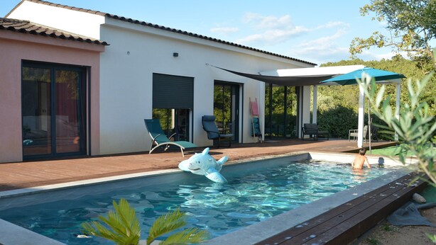 A swimming pool with a shark decoration, a covered patio area, and a potted plant.