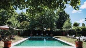 Piscina rectangular con borde de azulejos, rodeada de césped y plantas en macetas.