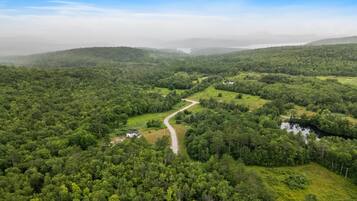 Üppige grüne Landschaft mit einer kurvenreichen Straße und einem kleinen Gebäude.