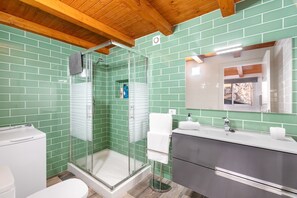 Shower, hair dryer, towels