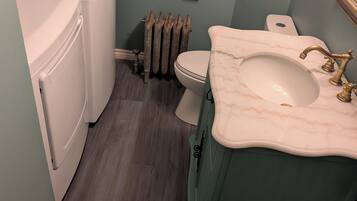 Hair dryer, towels, soap, toilet paper