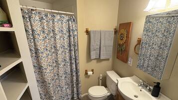 Shower, hair dryer, towels, soap