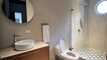 Shower, towels, soap, toilet paper