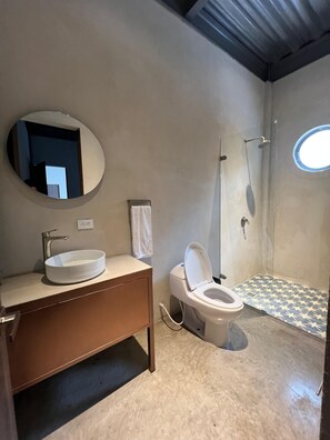 Shower, towels, soap, toilet paper