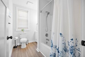 Hair dryer, towels, soap, shampoo