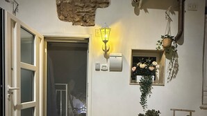 Un passage donnant sur une pièce dont le sol est en pierre, où l’on trouve un luminaire fixé au mur et une plante en pot ornée de fleurs.