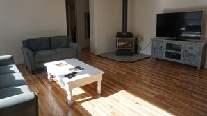 Un salon avec un canapé, une table basse, un téléviseur et un poêle à bois.