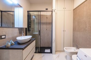 Shower, hair dryer, bidet, towels