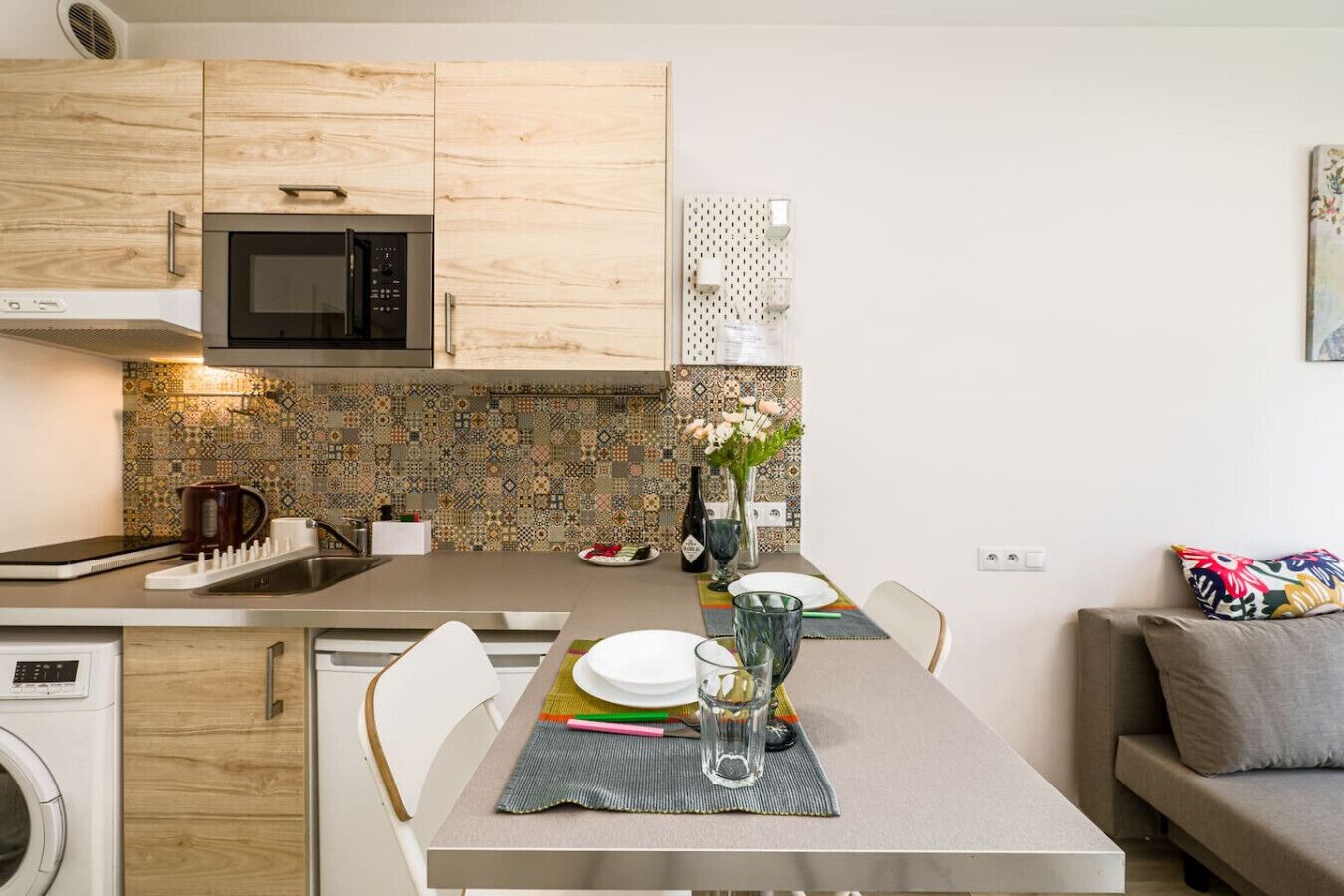 Fridge, microwave, cookware/dishes/utensils, spices