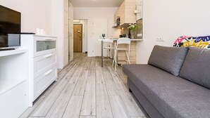Un espace de vie compact comprenant un coin cuisine, un canapé gris et un téléviseur.