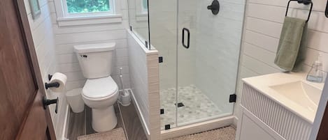 Regadera, toallas, jabón, shampoo