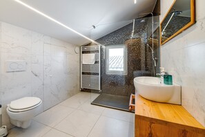 Shower, hair dryer, towels