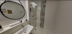Hair dryer, towels, soap, shampoo