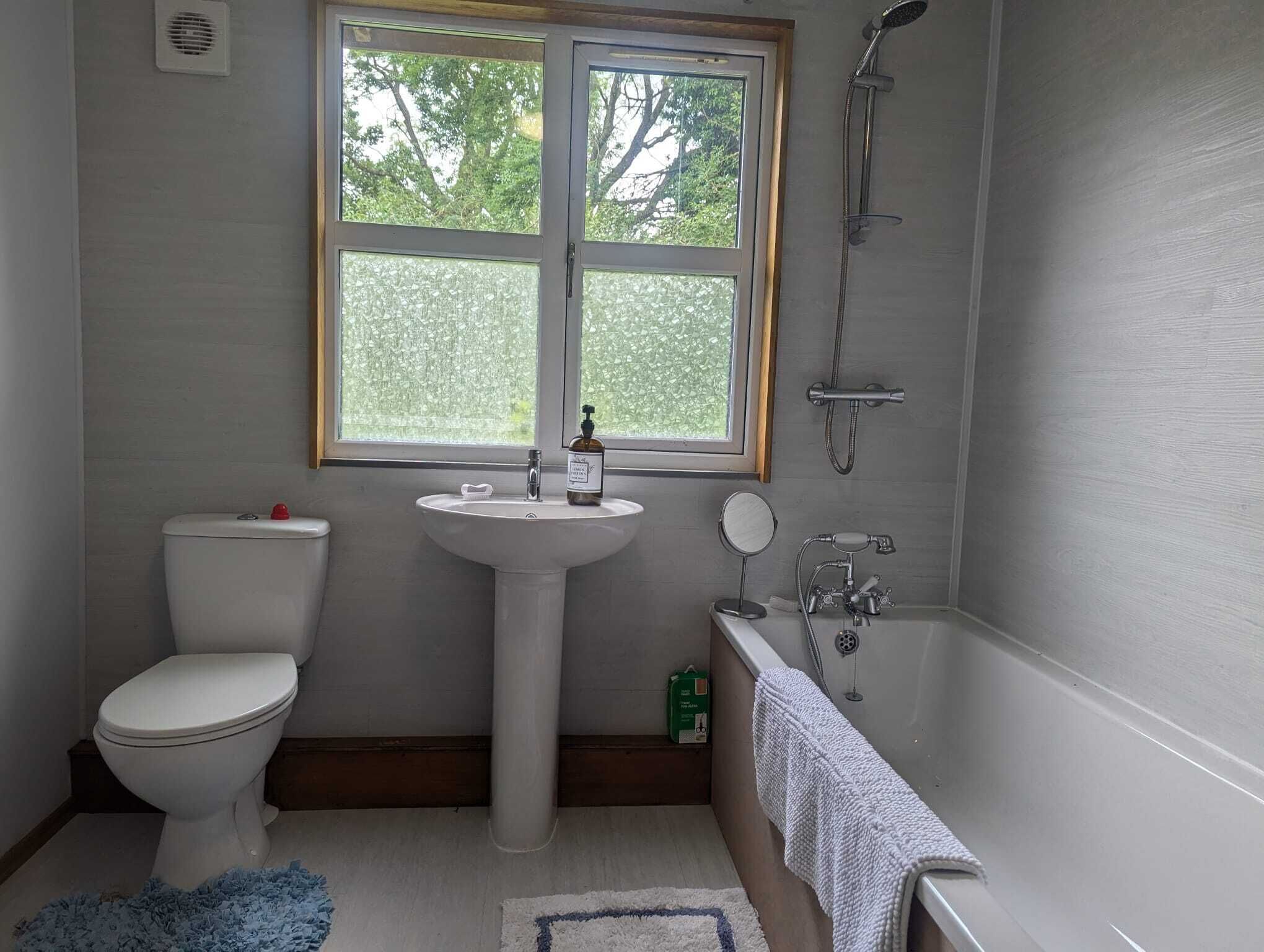 Une salle de bain avec des toilettes, un lavabo et une baignoire.