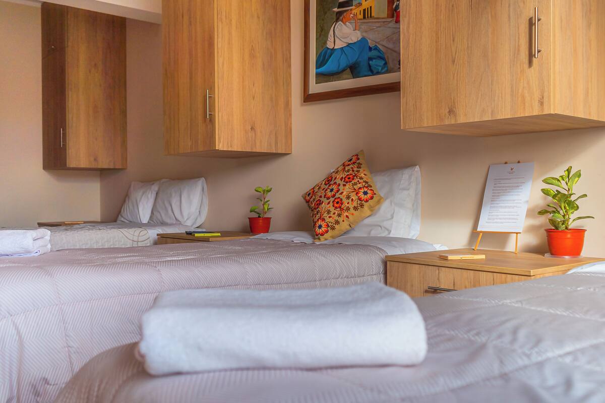 Habitación de hotel con dos camas, armarios de madera, un cuadro, un tablón de anuncios y plantas en macetas.