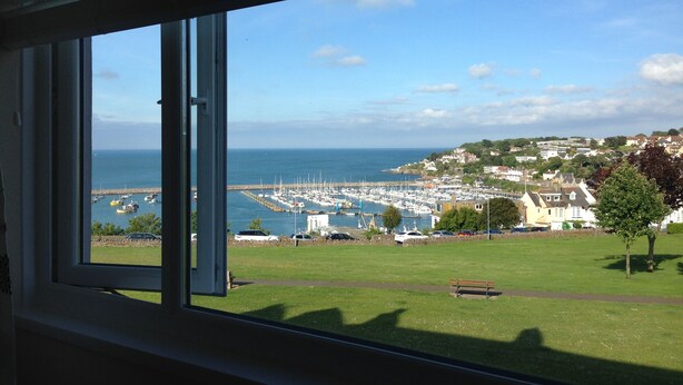 A view from a window overlooking a marina with boats, a grassy area, and a town in the distance.