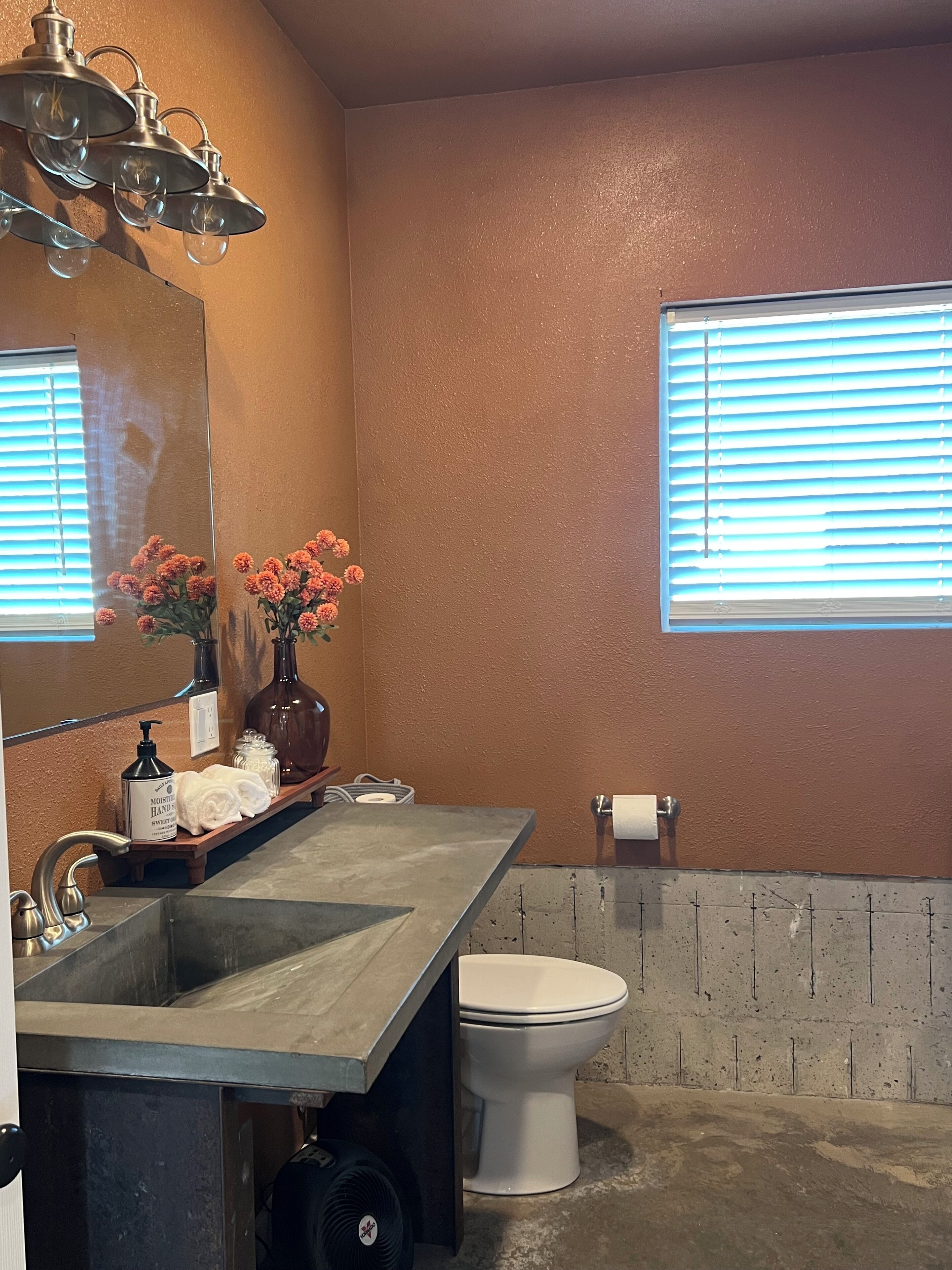 Hair dryer, towels, soap, toilet paper