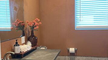 Hair dryer, towels, soap, toilet paper