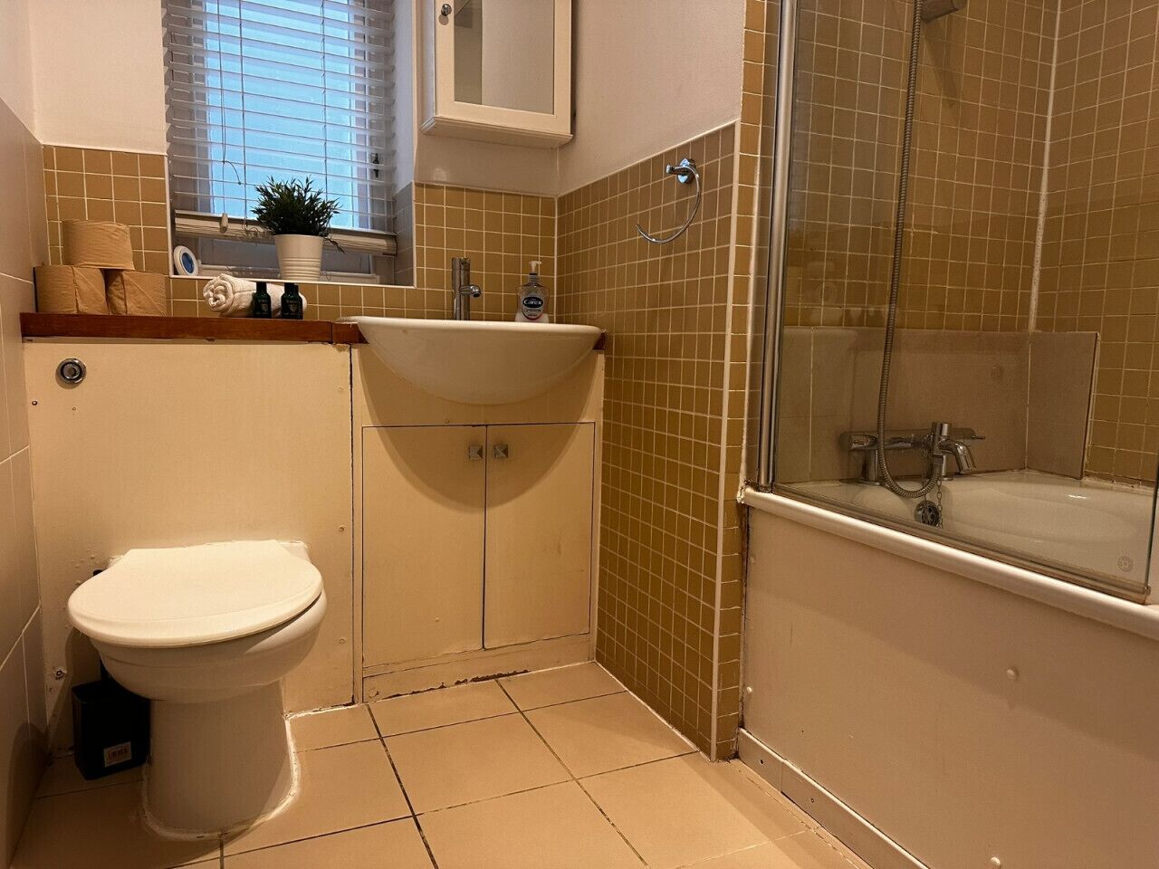 A bathroom with a toilet, sink, and shower.