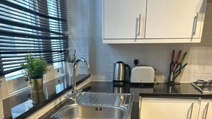 A kitchen with a black countertop, stainless steel sink, white cabinets, and a potted plant.