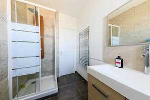 Hair dryer, towels, soap, toilet paper