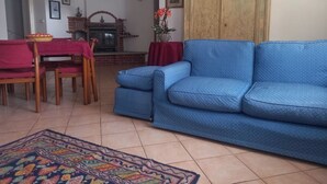 En stue med blå sofa, spisebord med stole, et mønstret tæppe, pejs og et stort træskab.