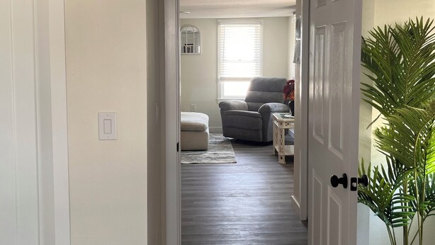 A hallway leading to a living room with a gray couch, a small table, and a potted plant.