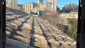 A view of a historic building with multiple towers and a steep stone staircase leading up to it. - Charming apartment in a private mansion in the center of Avignon (Avignon)