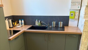 A compact kitchen with a dark sink, wooden countertop, and green cabinets. - Charming apartment in a private mansion in the center of Avignon (Avignon)