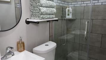 Hair dryer, towels, soap, toilet paper