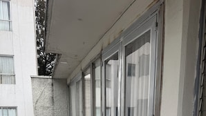 A balcony with a white chair, a potted plant, and a metal railing.