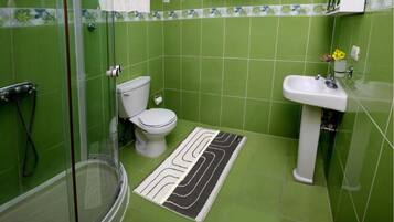 Shower, towels, soap, toilet paper