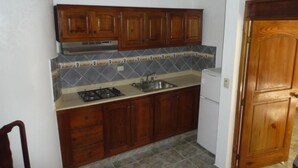 Una cucina compatta con mobili in legno, un fornello a gas, un lavello e un frigorifero.