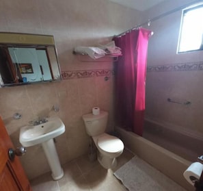 Shower, towels, soap, toilet paper