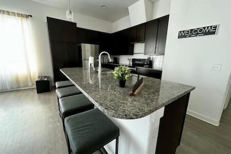 Cookware/dishes/utensils, dining tables. Spacious Place to Work and Relax