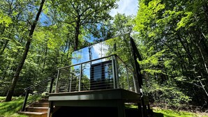 Une terrasse en bois avec des rampes en métal, entourée d’arbres verdoyants.